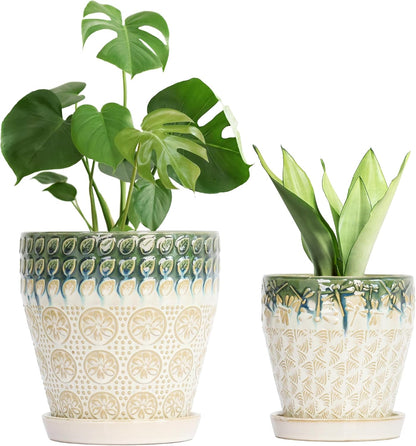 6 Inch Ceramic Planter Pots with Drainage Holes, Saucers and Mesh Pads for Indoor-Outdoor Plants, Succulent Orchid Flower Large Round Plant Pot, Set of 2 (Green+White)