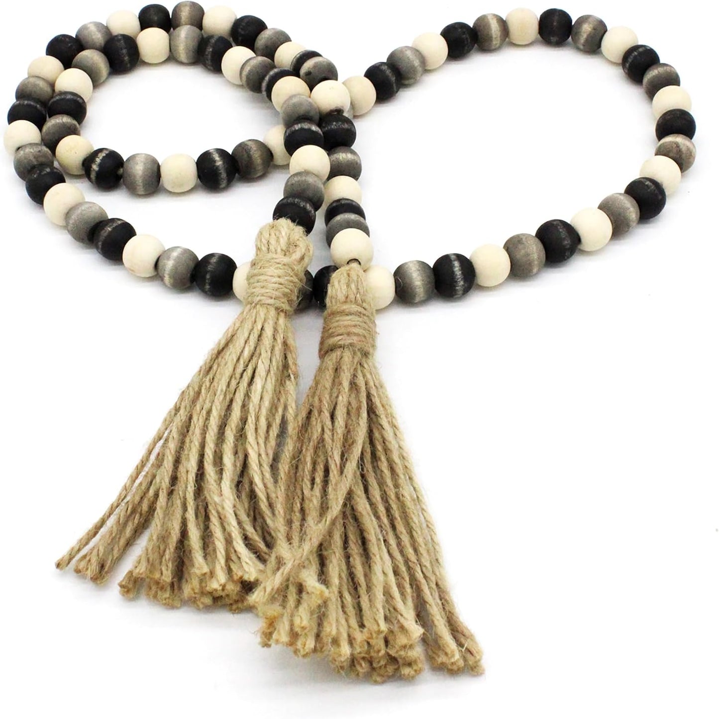 CVHOMEDECO. Wood Beads Garland with Tassels Farmhouse Rustic Wooden Prayer Bead String Wall Hanging Accent for Home Festival Decor. Mix Distressed