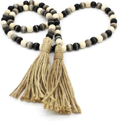 CVHOMEDECO. Wood Beads Garland with Tassels Farmhouse Rustic Wooden Prayer Bead String Wall Hanging Accent for Home Festival Decor. Mix Distressed