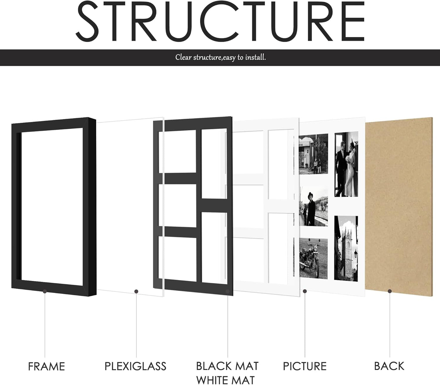DUENPY 14x26 Collage Picture Frame 4x6 Collage Picture Frame Displays Twelve 4x6 inch Photos Available Horizontal Wall Mounting Display and Vertical Black - Colors B