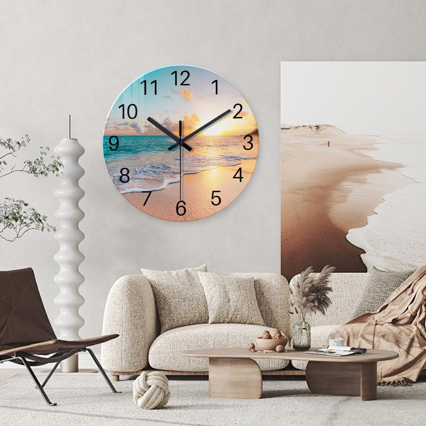 Beach Wall Clock Battery Operated 12 Inch Glass Wall Clock Non Ticking Analog Blue Wall Clocks for Bedroom Living Room Office Decor
