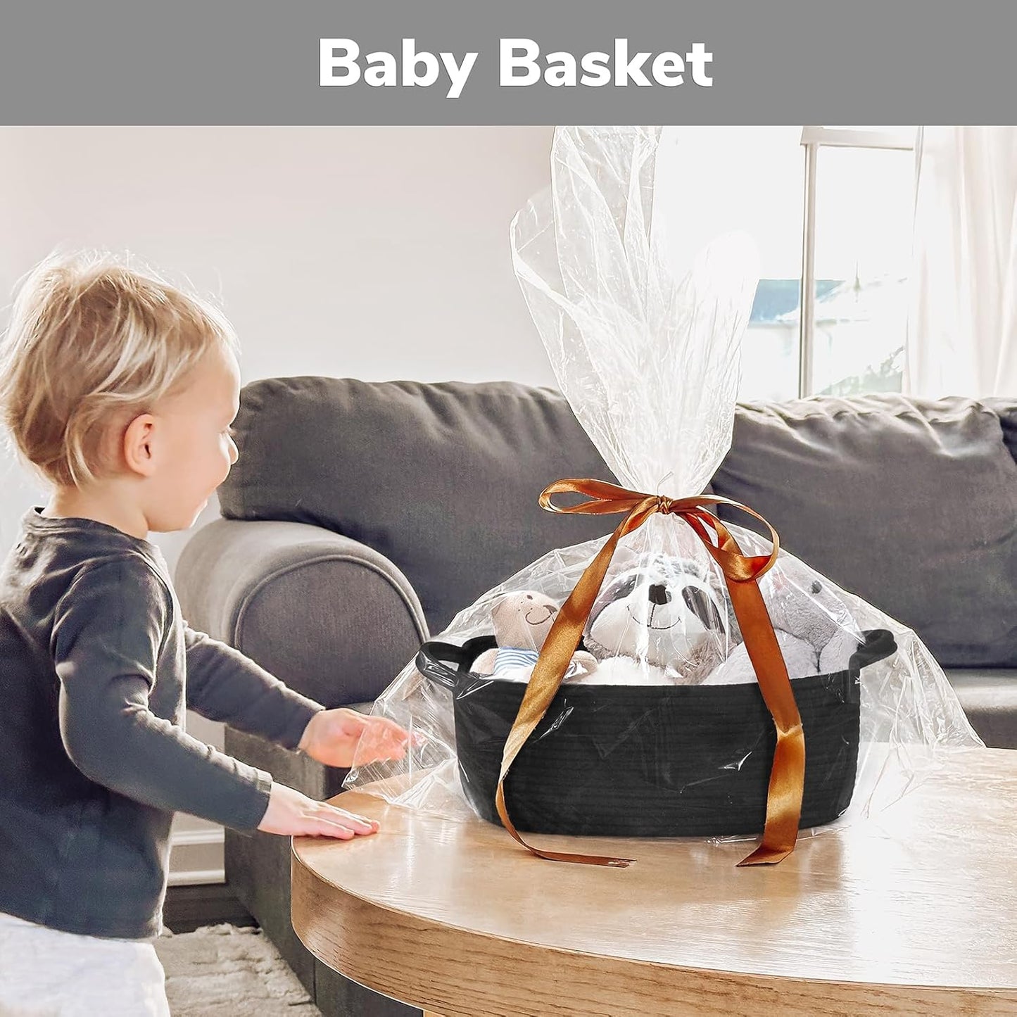 CHICVITA Decorative Gift Basket, Easter Basket for Kids, Woven Rope Storage Baskets with Handles, Nursery Baby Shower Toy Organizer, Grey, 13 x 9.8 x 5 inches