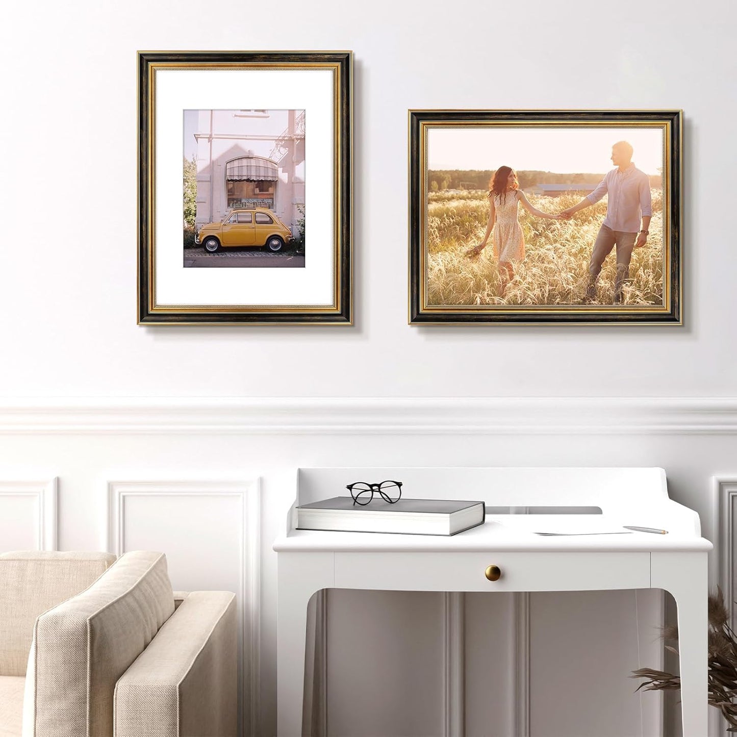 Golden State Art,11x14 Ornate Picture Frame for 8x10 Photo with Mat or 11 x 14 Prints without Mat,Real Glass Wall Display(Color:Green Gold)