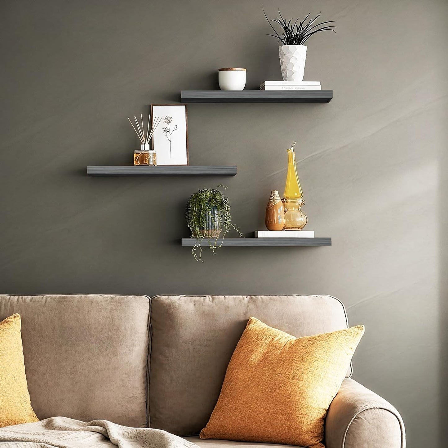 BAYKA Floating Shelves for Wall, Set of 3, Wall Mounted Rustic Wood Shelves for Bathroom, Bedroom, Living Room, Kitchen, Small Hanging Shelf for Books/Storage/Room Decor, Walnut-Like, 15.7in