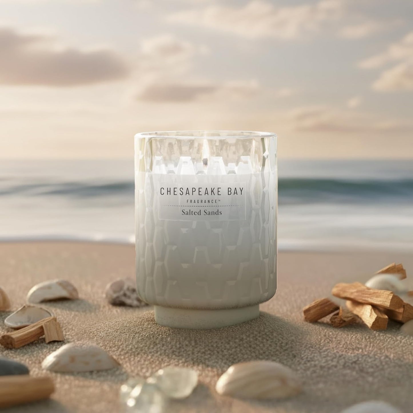 Chesapeake Bay, 11oz Marine Drift Scented Candle, Mood Evoking Fragrance, Textured Sea Glass-Inspired Jar, Premium Soy Blend Wax with Essential Oils, Coastal Fragrance for Home Décor or Gifting