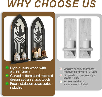 Wood Wall Sconce Candle Holder Set 2, Rustic Wall-Mount Candle Holders, Farmhouse Hanging Wall Décor, Carved Wood Frame, Mirrored Candle Holder (Distressed White)