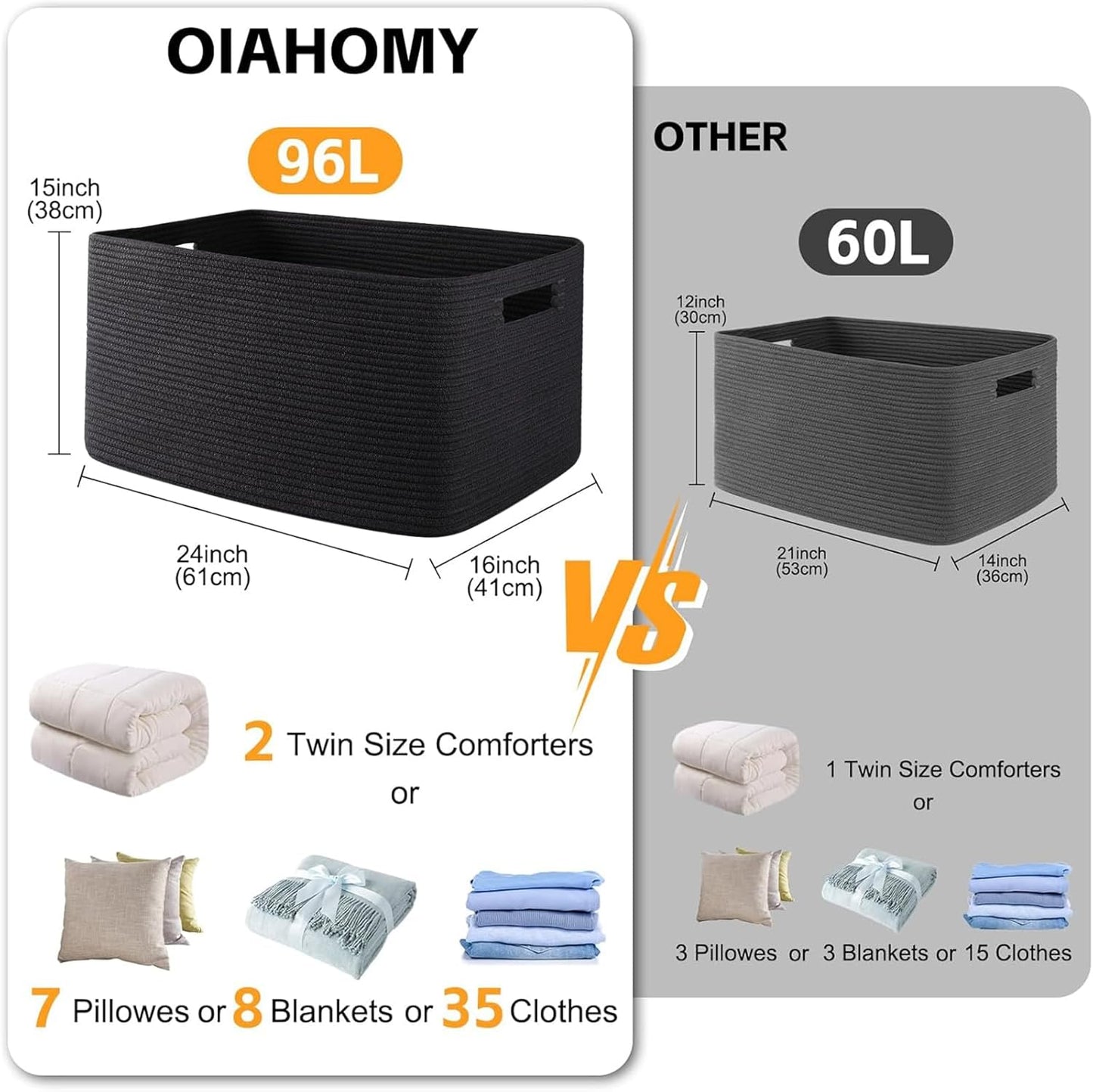 OIAHOMY 75L Large Woven Cotton Rope Storage Basket with Handle for Organizing Blanket and Toys for Living Room, Nursery, Brown Variegated 22”x17”x12”