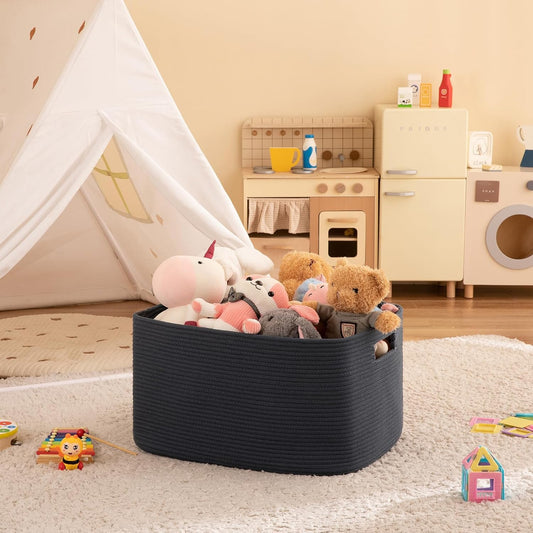 OIAHOMY 75L Large Woven Cotton Rope Storage Basket with Handle for Organizing Blanket and Toys for Living Room, Nursery, Brown Variegated 22”x17”x12”