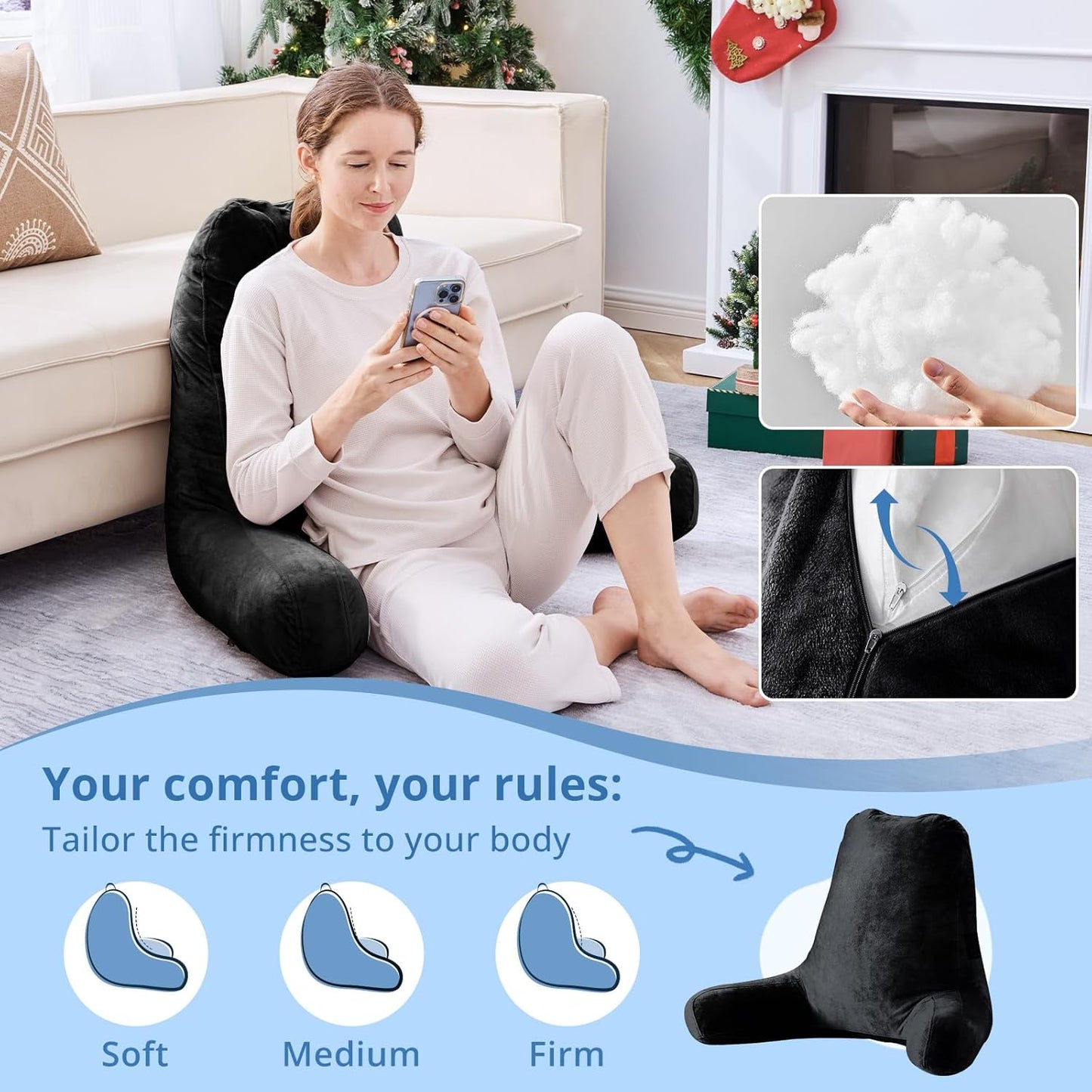 Sasttie Reading Pillows for Sitting in Bed Adult, Back Pillow Bed Sitting Up, Back-Rest Support Cushion for Sit Up on Couch, Sofa, and Floor, Dorm Essentials, Oeko-Tex Certified, Dark Grey