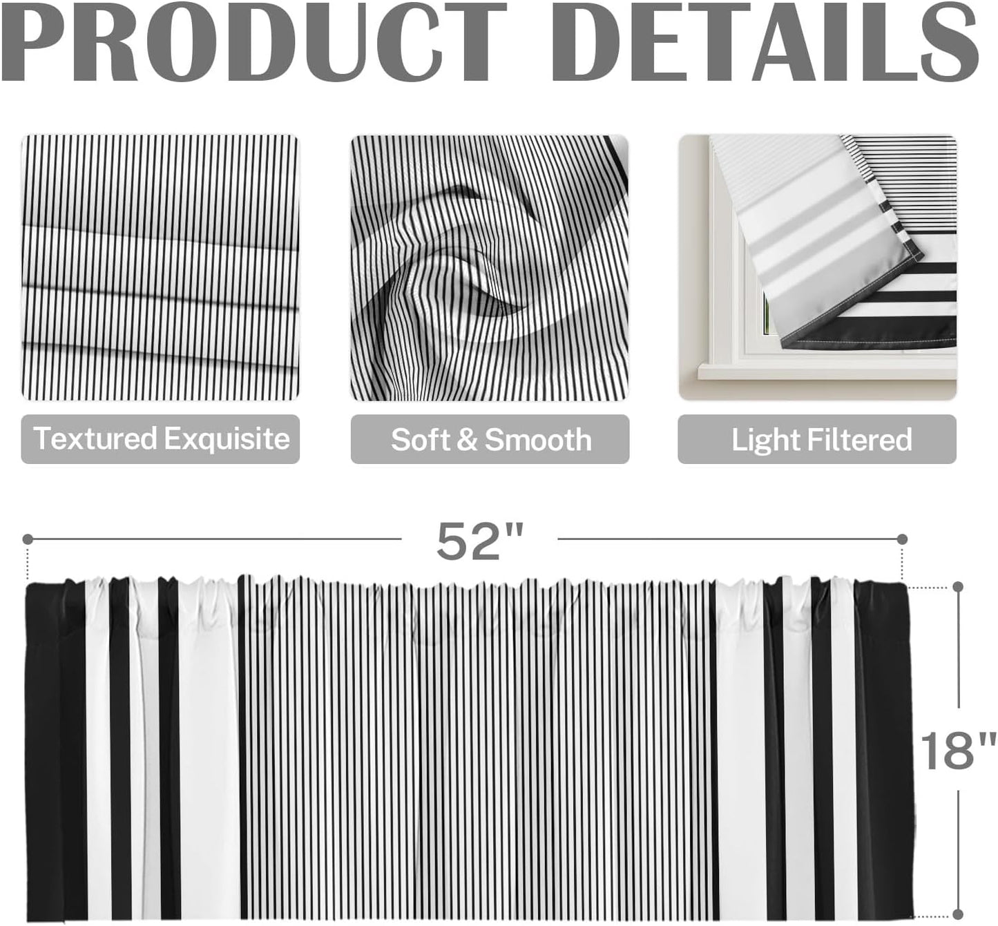 Emvency 2 Pack Dark Grey Valances Window Treatments, Gray Striped Abstract Blackout Drapes Adjustable Curtain for Windows Living Room Kitchen Over Sink, 52x18 Inch Rod Pocket Valances