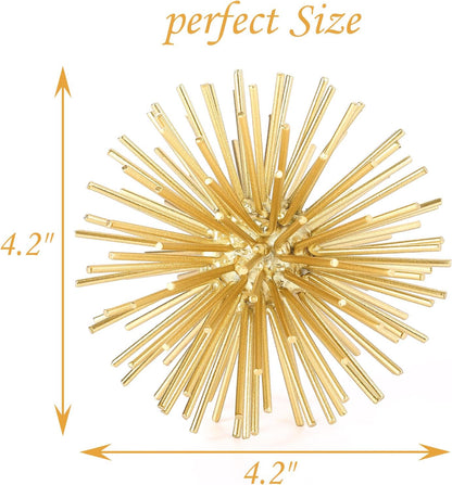 Metal Decorative Starburst Ball, 6 Inch Gold Sphere Decor, Spiky Star Burst Tabletop Sculpture, Mid-Century Modern Metal Spike Ball for Home, Living Room, Office & Shelf Decor