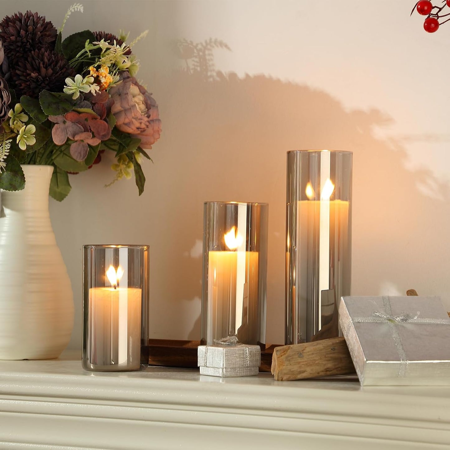 Shihanee 36 Pcs Pillar Candles and Glass Cylinder Vases Tall Cylinder Holders for Pillar Candles Wedding Centerpieces, Total 18 Sets(2.6'' X 4.7'', 5.9'', 7.9'',Clear,Ivory)