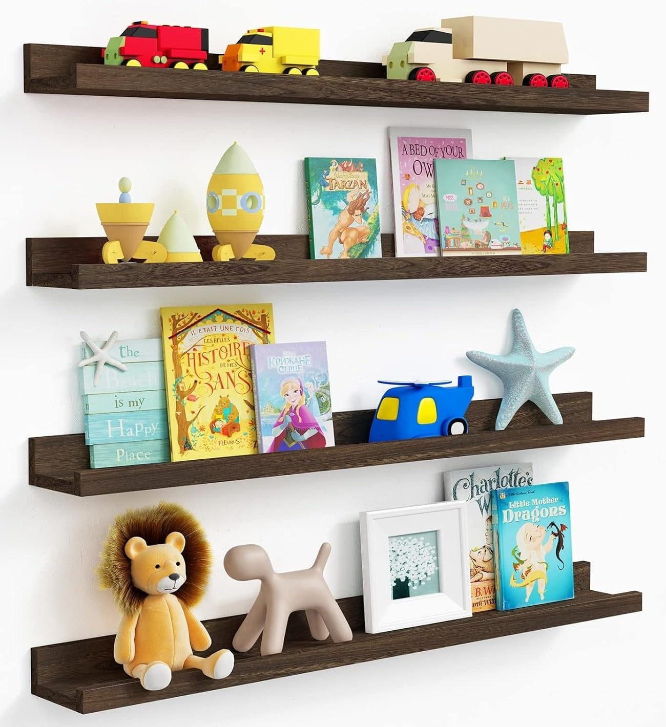 Forbena 36 Inch Floating Shelves for Wall 4-Pack, Large Nursery Book Shelves Bookshelf for Kids Bedroom, Long Picture Ledge Shelf with Lip for Living Room Photo Frames Art Display (White Solid Wood)