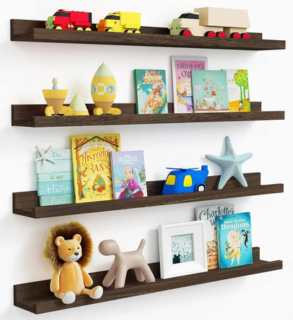 Forbena 36 Inch Floating Shelves for Wall 4-Pack, Large Nursery Book Shelves Bookshelf for Kids Bedroom, Long Picture Ledge Shelf with Lip for Living Room Photo Frames Art Display (White Solid Wood)