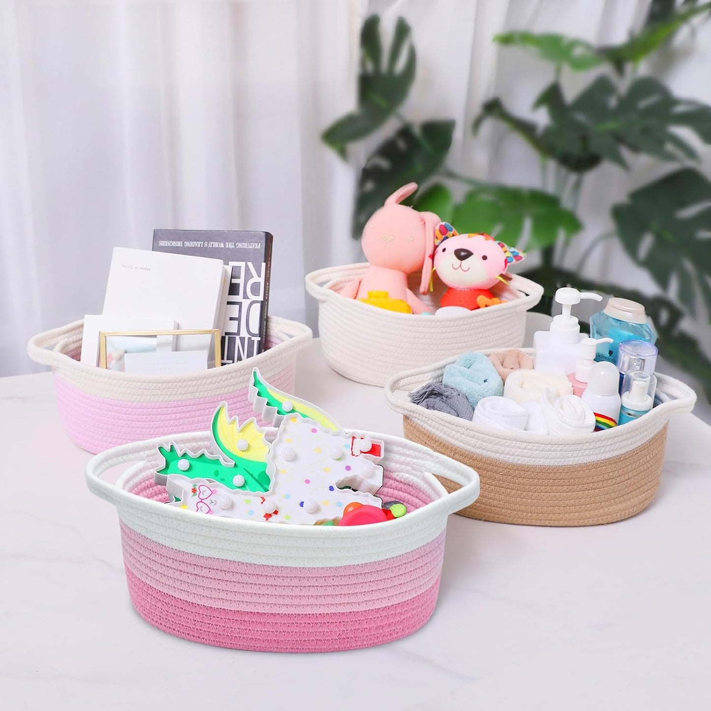 ABenkle Small Basket with Handles, Boho Decorative Rope Woven Dog Cat Toy Storage Bin Shelf Storage Organizer, Easter Christmas Gift Basket, 12"x8"x5", White