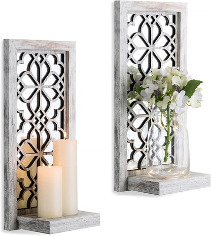 Farmhouse Wall Candle Holder Decor: Rustic Candle Sconces Set of Two for Pillar Candles - Brown Wooden Shelving for Fireplace Bathroom Hallway