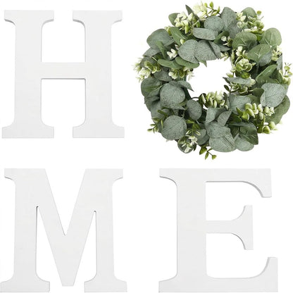 Pinkpum Wood Home Sign with Artificial Eucalyptus Wreath for O, Hanging Farmhouse Wall House Decor Wood Letters for Wall Art Rustic Home Decor, Wall Decor for Living Room Kitchen Entryway (Black)