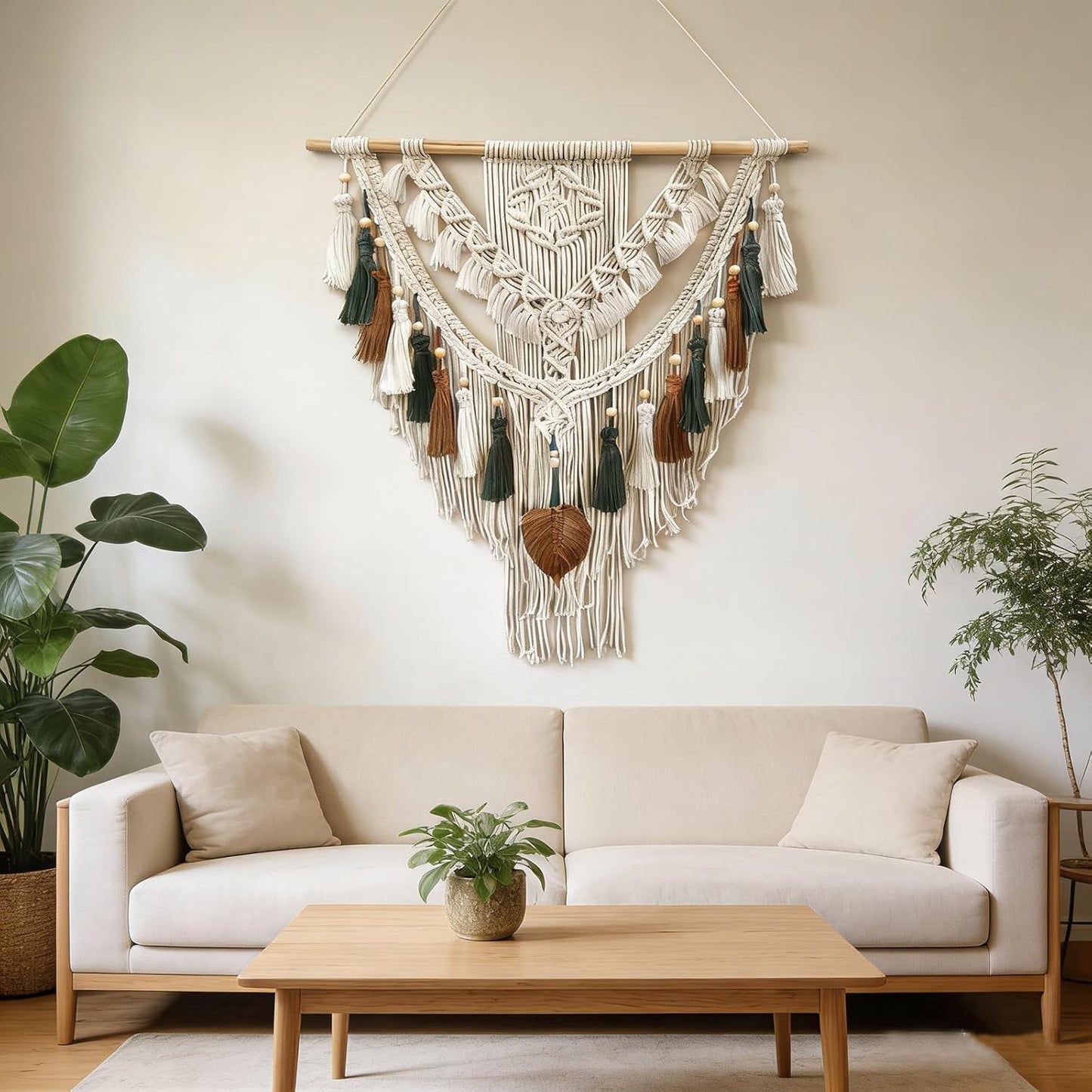 Lokeisna Macrame Wall Hanging, Woven Tapestry Beige & Dusty Rose Handmade Craft Macrame Wall Decor, Gallery & Nursery, Size 37.4” Lx27.5” W