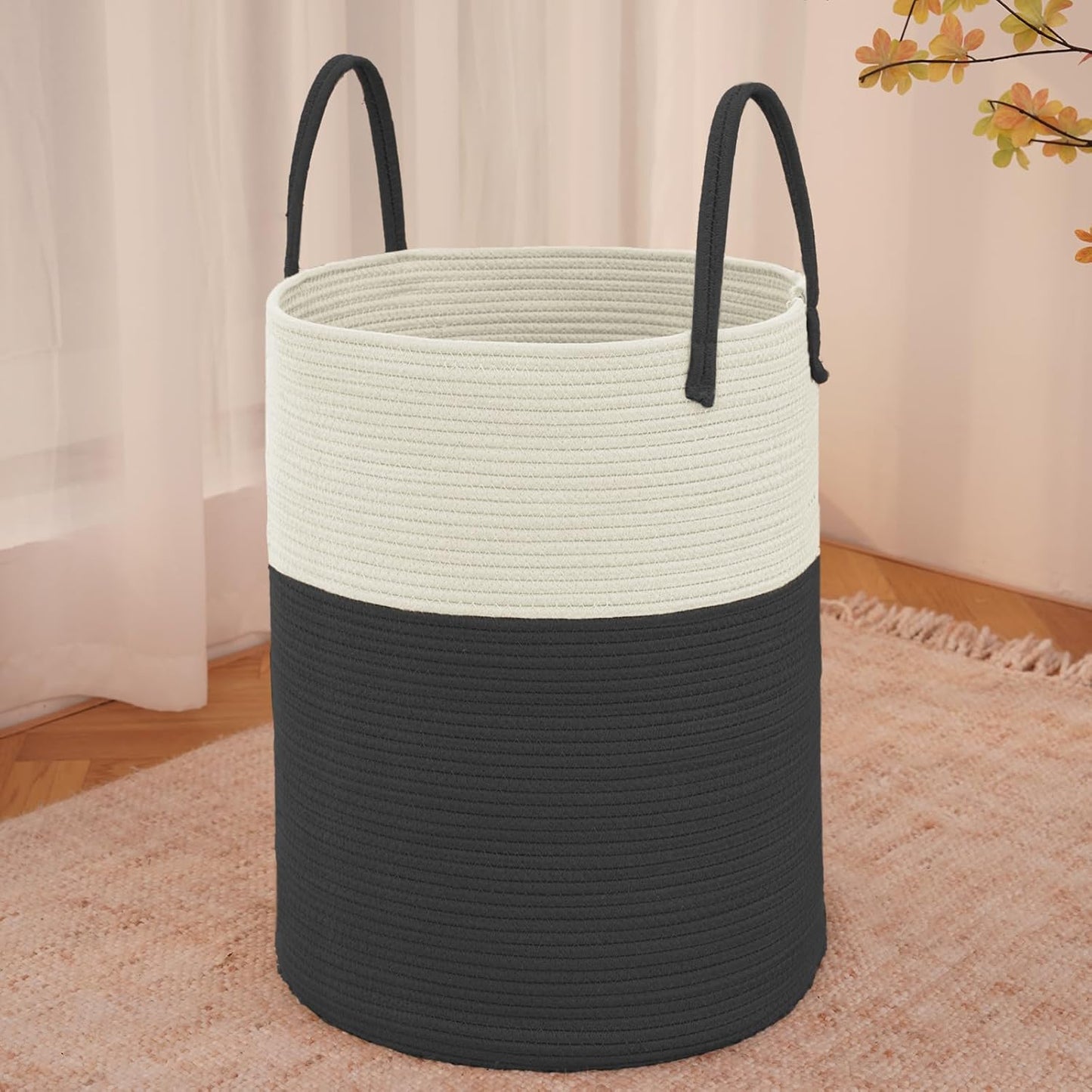JMvicyroam Large Woven Laundry Basket Hamper,60L Cotton Rope Storage Bin for Blankets,Toys and Clothes,Decorative Tall Nursery Hamper for Living Room,Baby Nursery,Bathroom and Bedroom,Brown