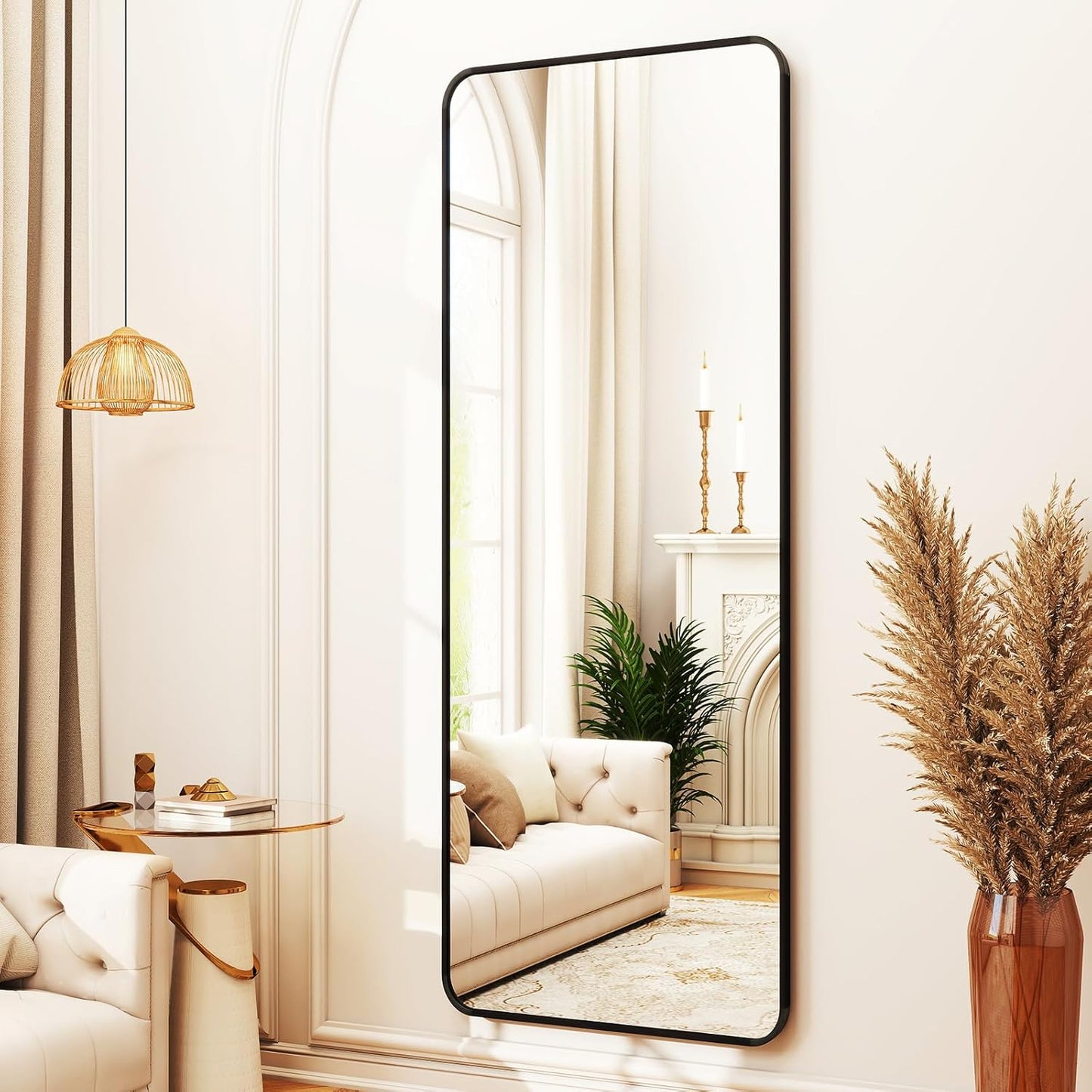 XRAMFY 56"x21" Floor Full Length Mirror Standing Full Body Rounded Corner Rectangle Mirrors with Stand Hanging Wall Mounted Leaning Bedroom Living Room Bedroom Cloakroom,Gold