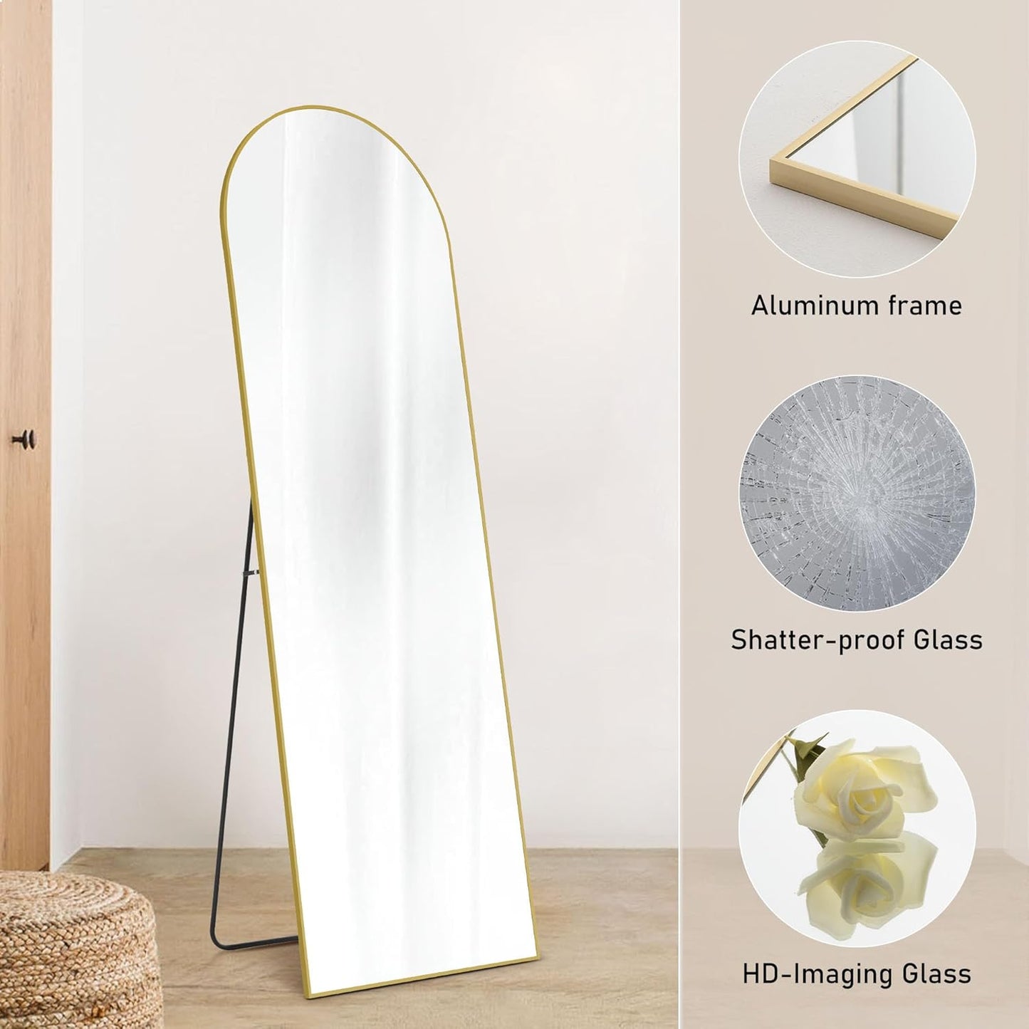 OLIXIS Black Arched Full Length Mirror 60"x16" for Bedroom, Full Body Mirror with Stand, Hanging or Leaning for Wall, Aluminum Alloy Thin Frame Floor Standing for Living Room