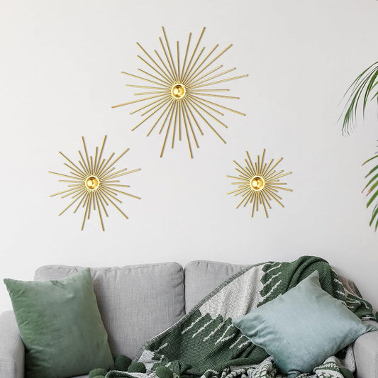 Fourluoo 3 Pack Gold Sunburst Mirrors for Wall Decor Circle Flowers Mirrors Decorative Gold Hanging Wall Art Flowers Mirror for Home Living Dinning Room Bedroom Bathroom Boho Decoration Art (Flower)