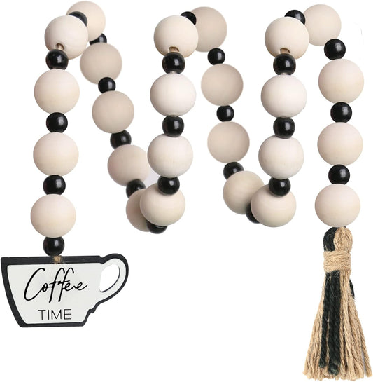 Meplait Garland - Natural Wood Beads, Jute Rope, Coffee Themed Hanging Ornament for Home Decor
