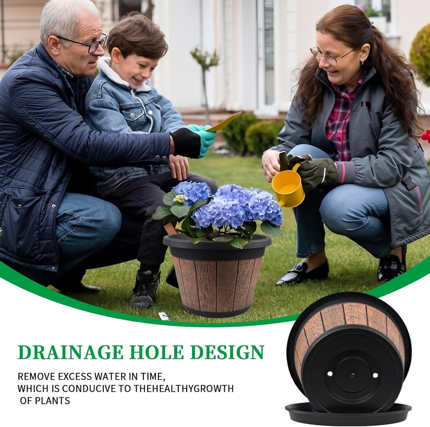 Quarut 4 Pack 10 inch Plant Pots,Upgrade Whiskey Barrel Planters with Drainage Holes & Saucer,Plastic Decoration Flower Pots Retro Design,Planters for Outdoor Indoor Garden Home Plants (Brown)