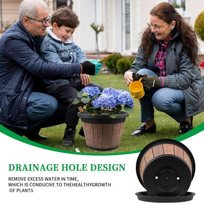 Quarut 4 Pack 10 inch Plant Pots,Upgrade Whiskey Barrel Planters with Drainage Holes & Saucer,Plastic Decoration Flower Pots Retro Design,Planters for Outdoor Indoor Garden Home Plants (Brown)