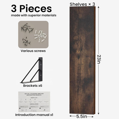 BAYKA Wall Mounted Floating Shelves, Wood Floating Wall Shelf for Books & Decor, Small Space-Saving Display & Organizer（Black，Set of 3）