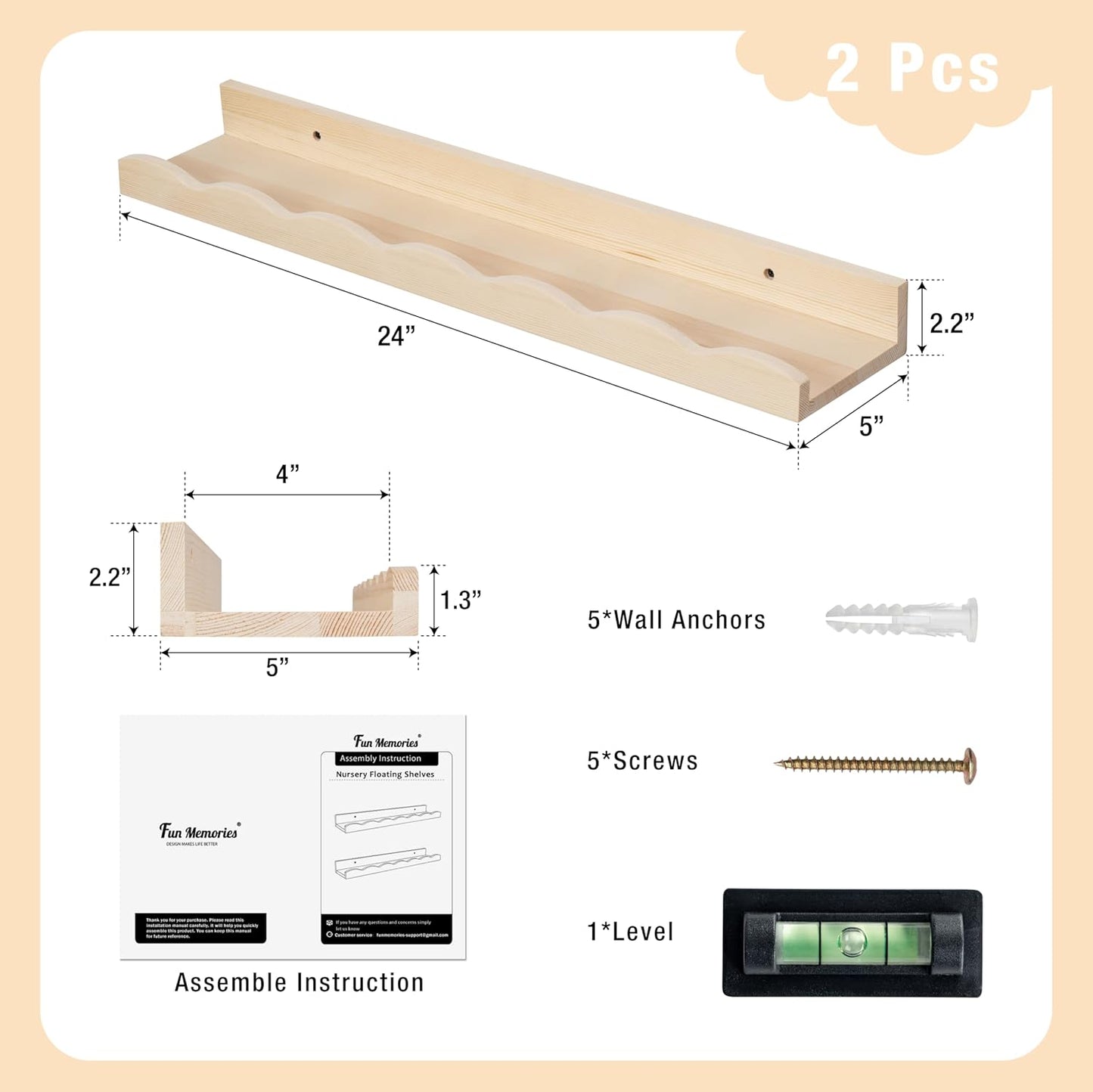 Fun Memories Picture Ledge Shelf for Wall, 24 inch Pine Wood Nursery Book Shelves Set of 2- Wall Book Shelves for Kids Room, Home Decor - Kitchen Spice-White