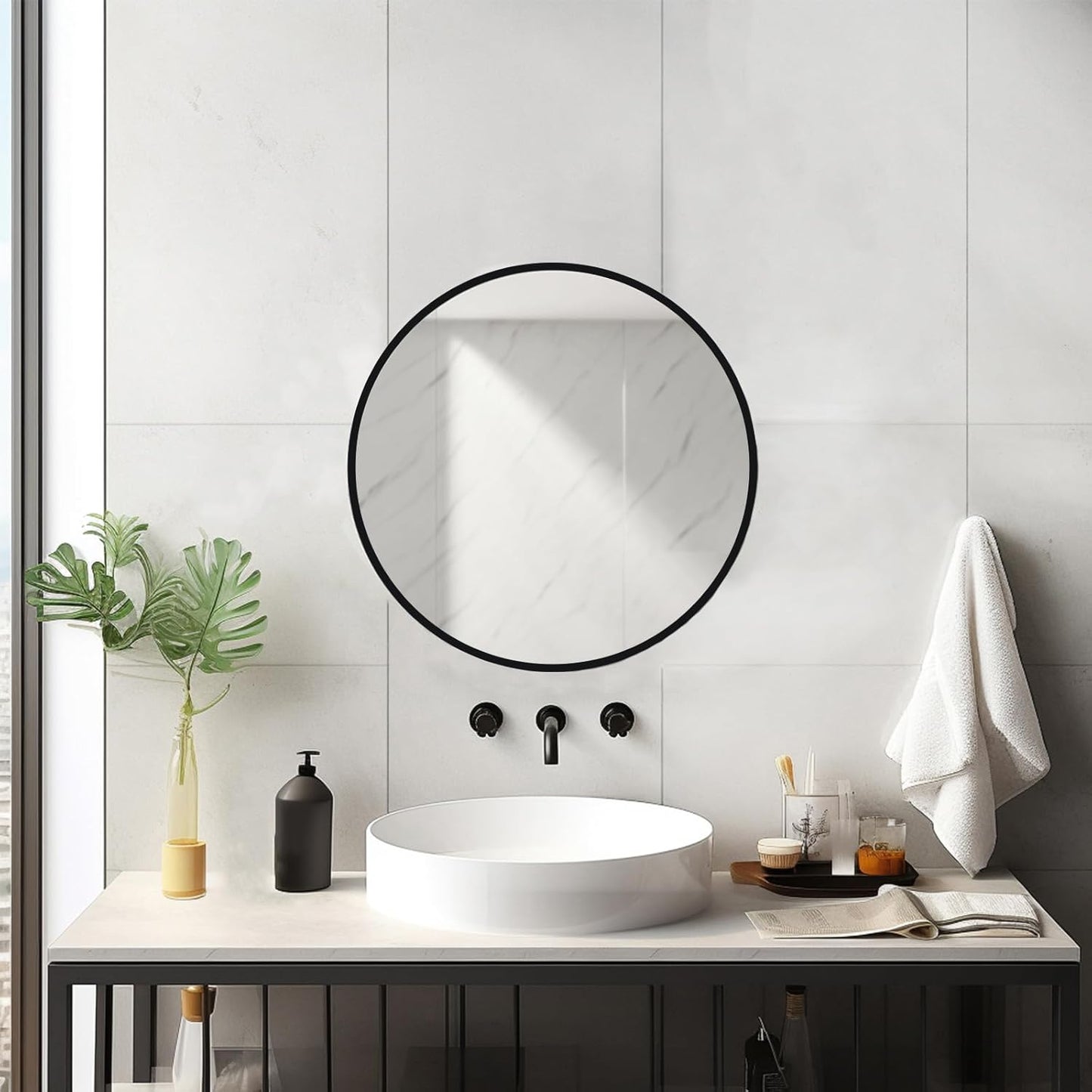 Sunniry Black Round Mirror, Round Mirror 24 inch, Black Circle Mirrors Matte Metal Frame, Wall Mounted Mirrors for Living Room, Bathroom, Wall, Entryway.