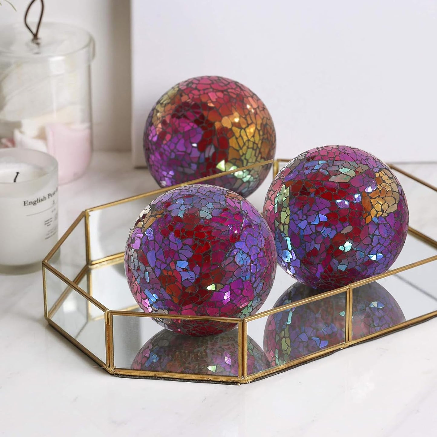 3Pcs Mosaic Glass Orbs Decorative Balls Set 8.5cm/3.35inch Blue Sphere Wedding Party Home Decor Table Centerpiece