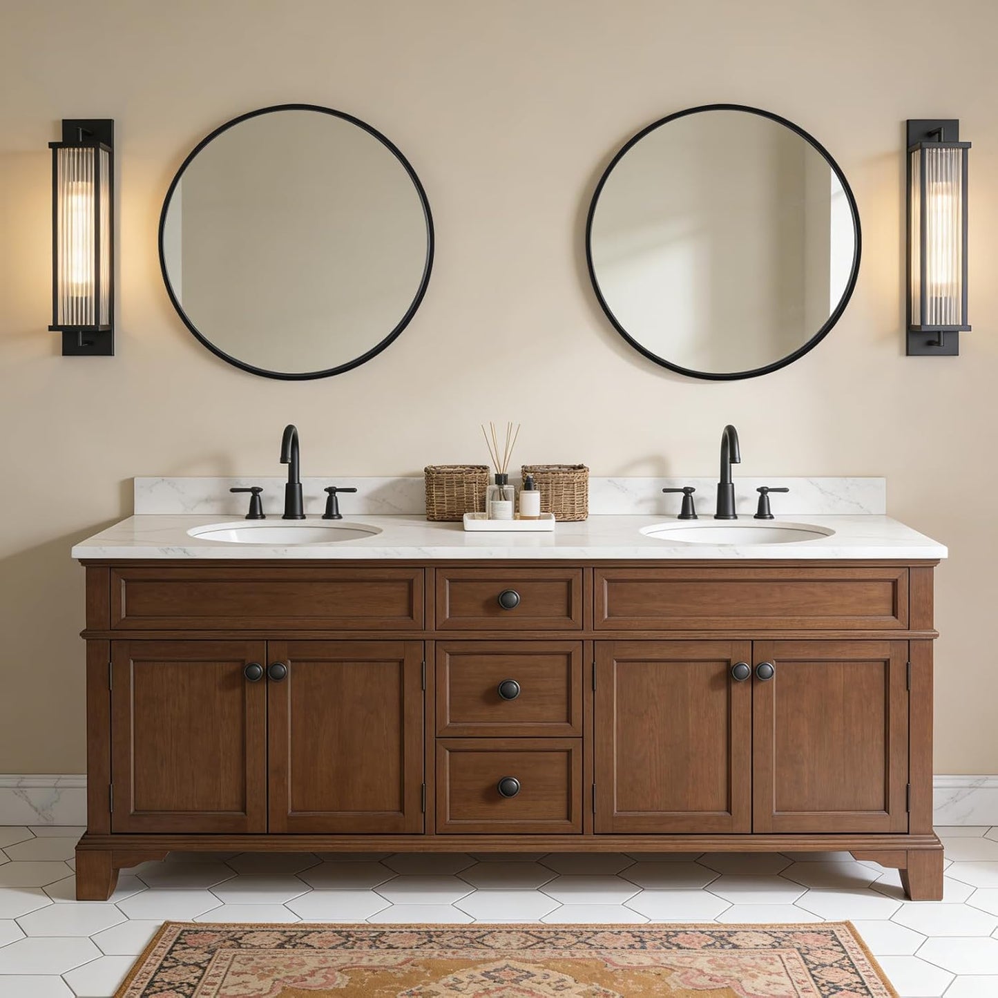 WallBeyond Wood Round Mirror with Wood Frame 24 inch Circle Wall Mirror for Bathroom Round Wall Mirror for Wall Decor, Vanity, Entryway Living Room (Walnut)