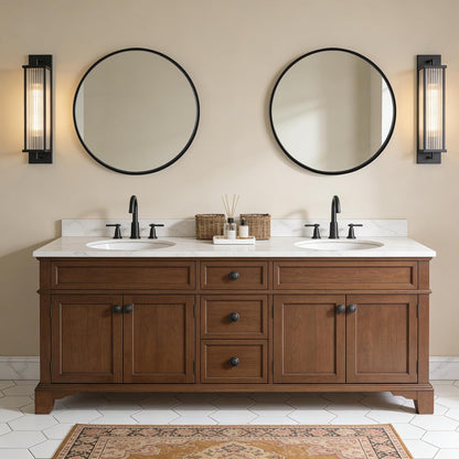 WallBeyond Wood Round Mirror with Wood Frame 24 inch Circle Wall Mirror for Bathroom Round Wall Mirror for Wall Decor, Vanity, Entryway Living Room (Walnut)