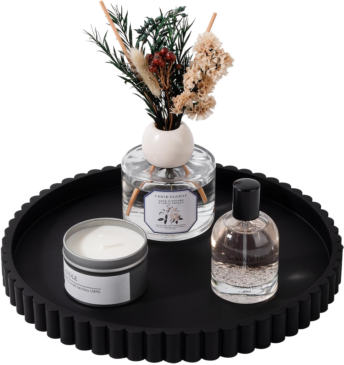 Round Bathroom Tray Silicone Kitchen Counter Decor Vanity Organizer Decorative Coffee Table Tray for Perfume, Candle, Soap Dish, 9 Inch, Black