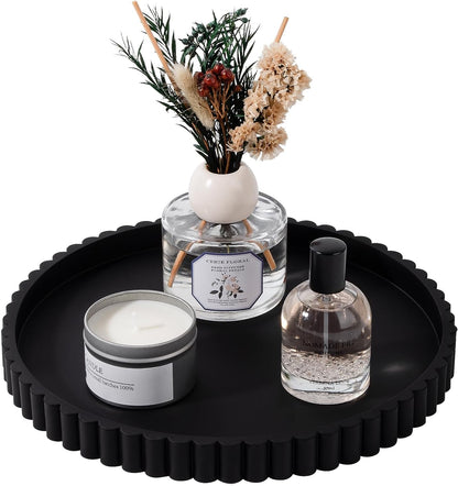 Round Bathroom Tray Silicone Kitchen Counter Decor Vanity Organizer Decorative Coffee Table Tray for Perfume, Candle, Soap Dish, 9 Inch, Black