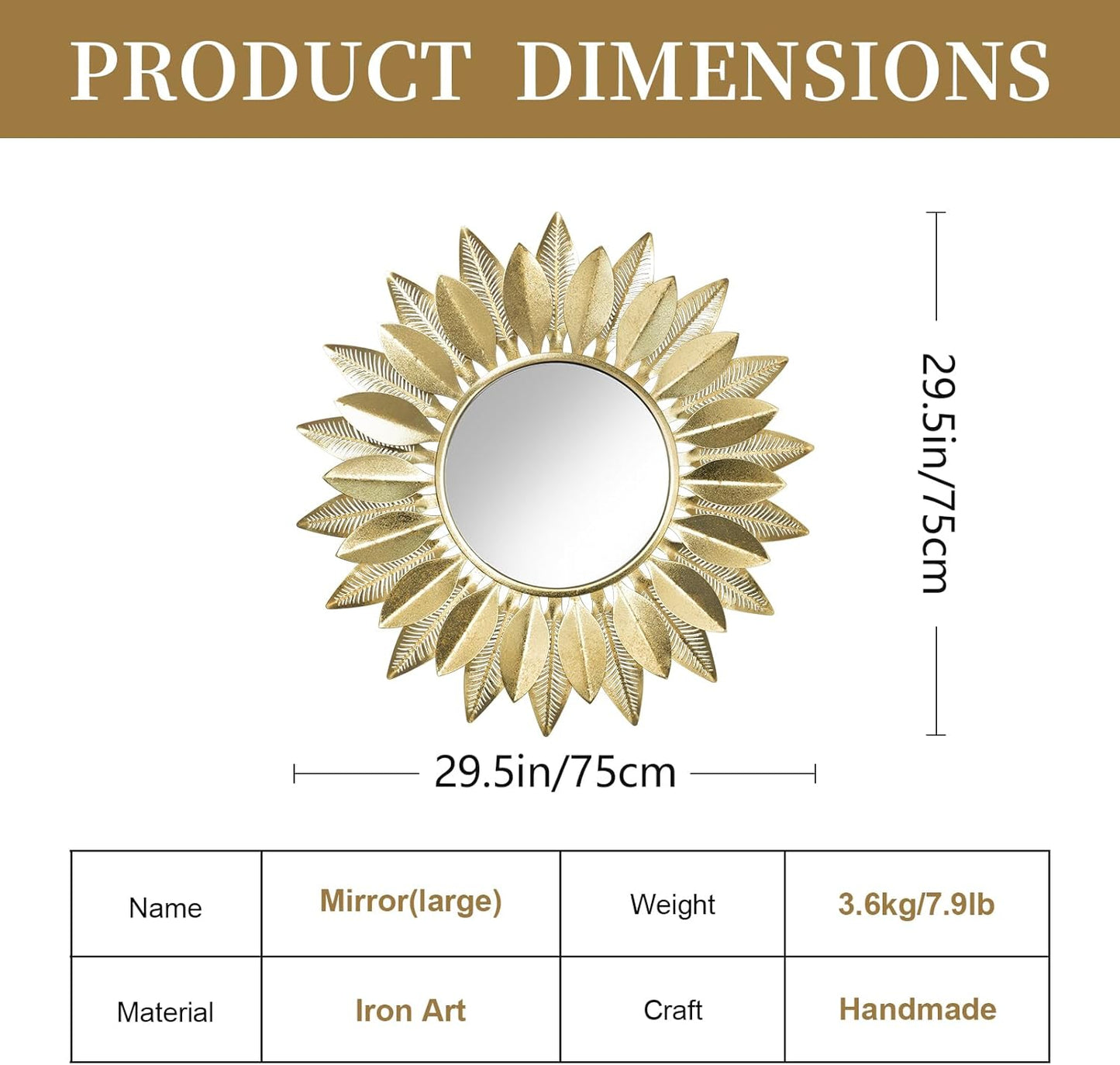 24" Gold Sunburst Decorative Wall Mirror – Handmade Flower Design, Luxury Round Accent Mirror Boho Wall Decor for Bedroom,Entryway, Dining Room & Kitchen