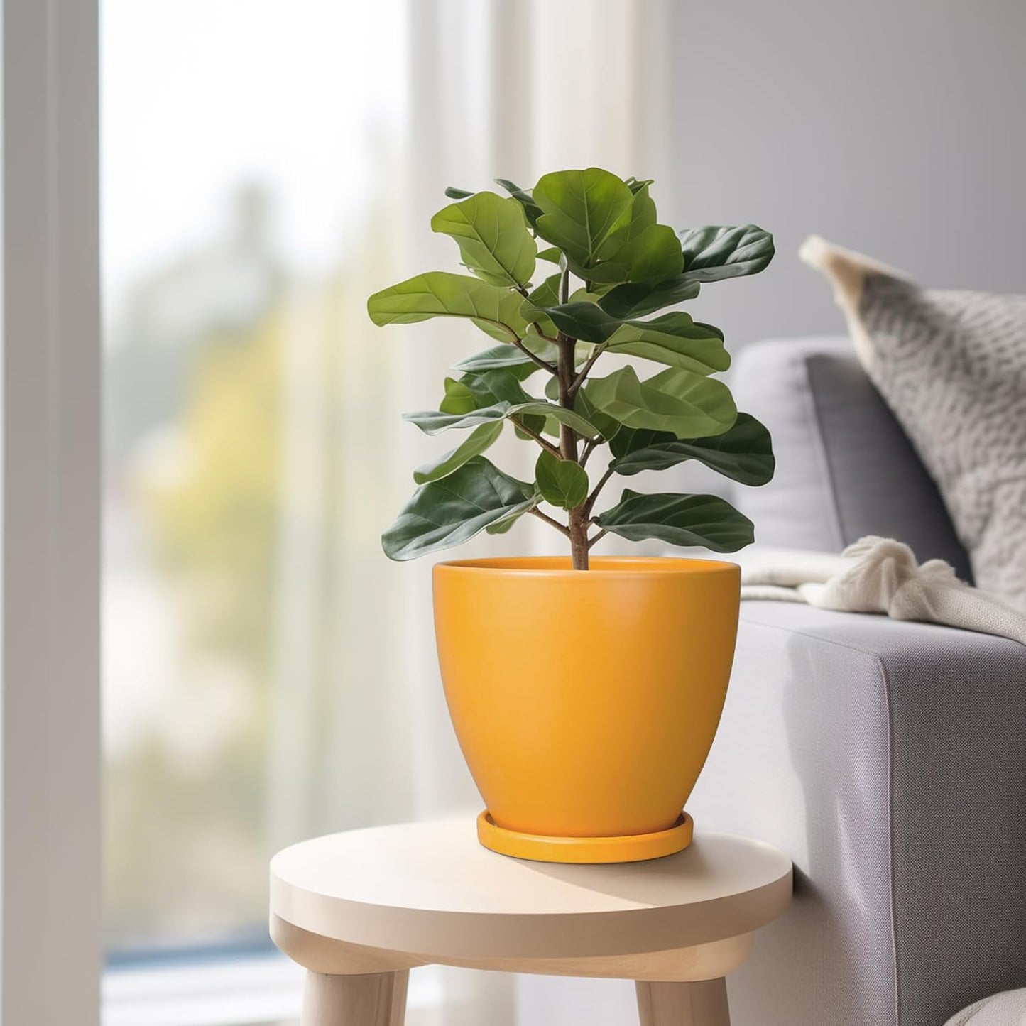 10 Inch Ceramic Planter Pot Round Plant Pot for Indoor Plants Outdoor Large Flower Pot with Drainage Hole and Saucer Blue