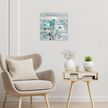 HVEST Farmhouse Floral Wall Art for Living Room, Blue and White Daisy Flower and Butterfly on Rustic Wood Board Canvas Wall Art Framed Artwork Ready to Hang for Bathroom Bedroom Decor, 16L X 12W