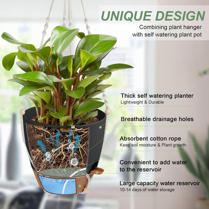 Vanslogreen Hanging Planters for Indoor Outdoor Plants, 2 Pack Self Watering Hanging Pot with Drainage Holes & Removable Tray (Black, 8'')