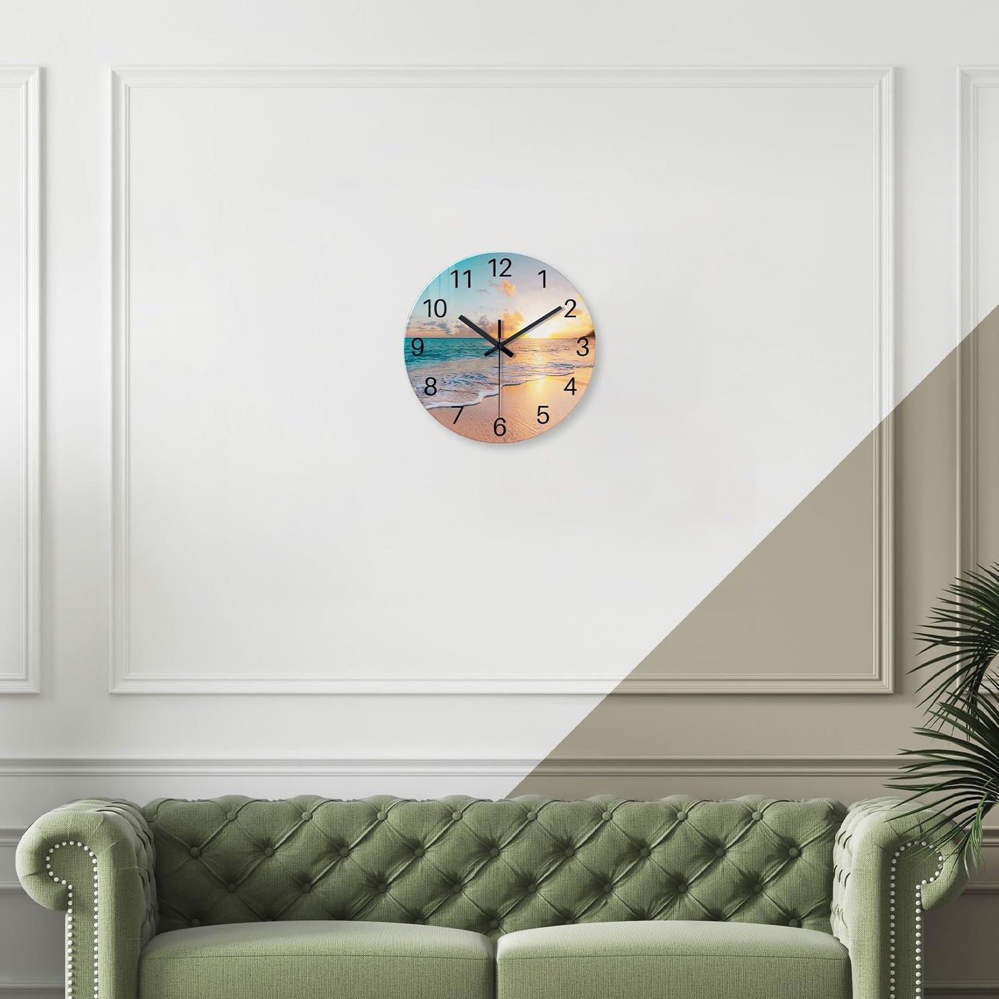 Beach Wall Clock Battery Operated 12 Inch Glass Wall Clock Non Ticking Analog Blue Wall Clocks for Bedroom Living Room Office Decor