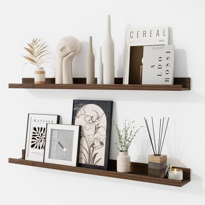 RICHFOCUS Picture Ledge Shelf, 24 inch Floating Shelves Set of 2, Wood Wall Shelves with Lip, Wall Decor Storage for Bedroom Living Room Bathroom Kitchen Nursery Photo Picture, Walnut