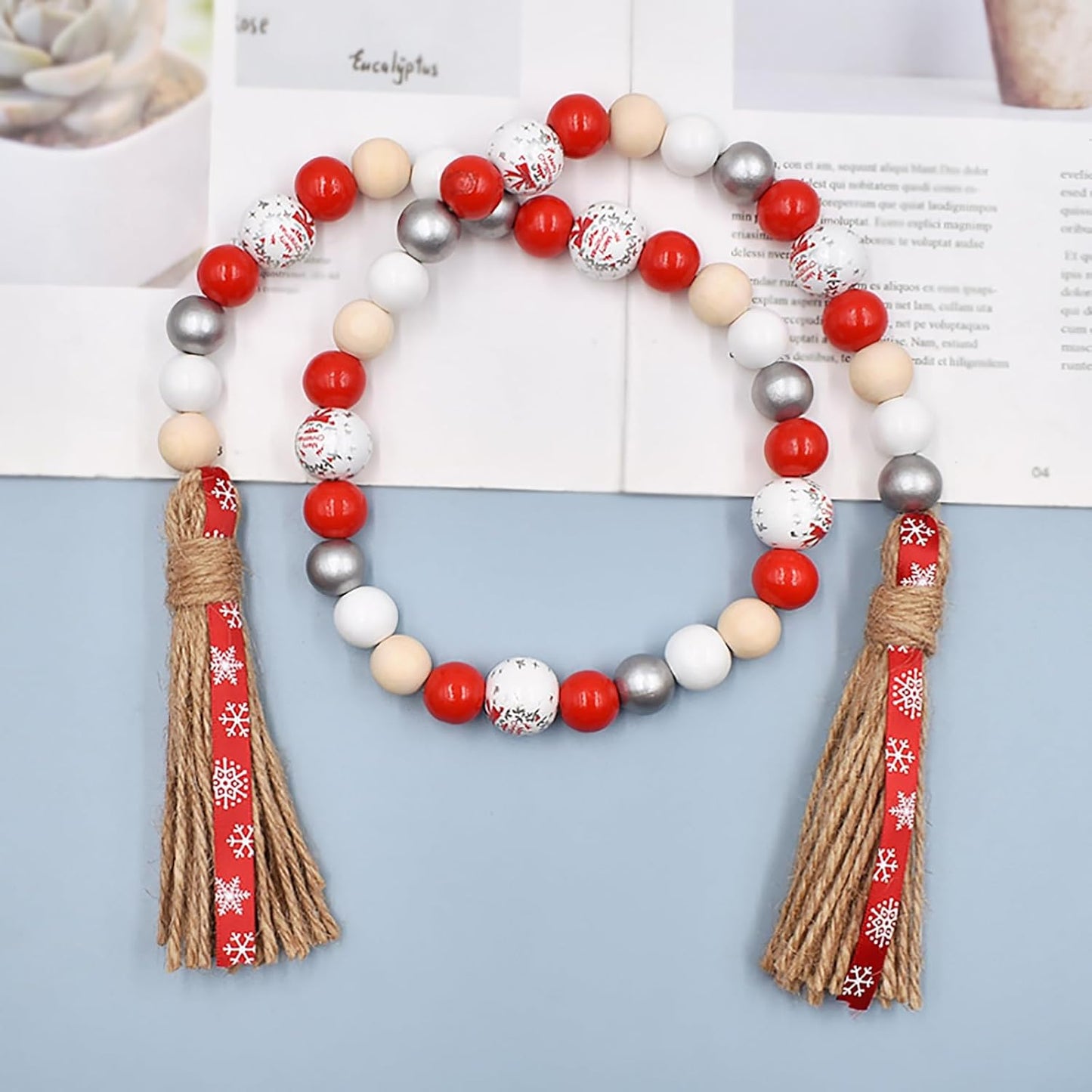 Farmhouse Plaid Wood Bead Garland with Tassel 40inch Hanging Decor Home Decorative Home Sign for Farmhouse Tiered Tray Wreath
