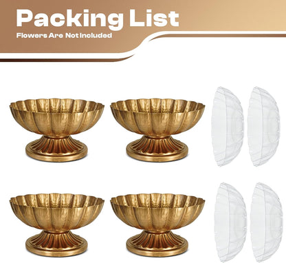 Small Gold Vases for Centerpieces: Antique Gold Flower Vase for Wedding 4 Inch Brass Compote Vase Metal Pedestal Bowl Flower Urn for Party Event Home Decor Set of 4