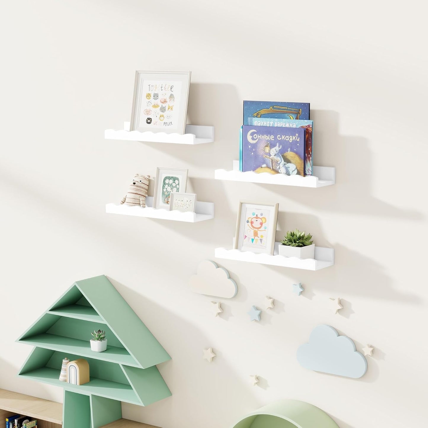 Fun Memories Picture Ledge Shelf for Wall, 24 inch Pine Wood Nursery Book Shelves Set of 2- Wall Book Shelves for Kids Room, Home Decor - Kitchen Spice-White