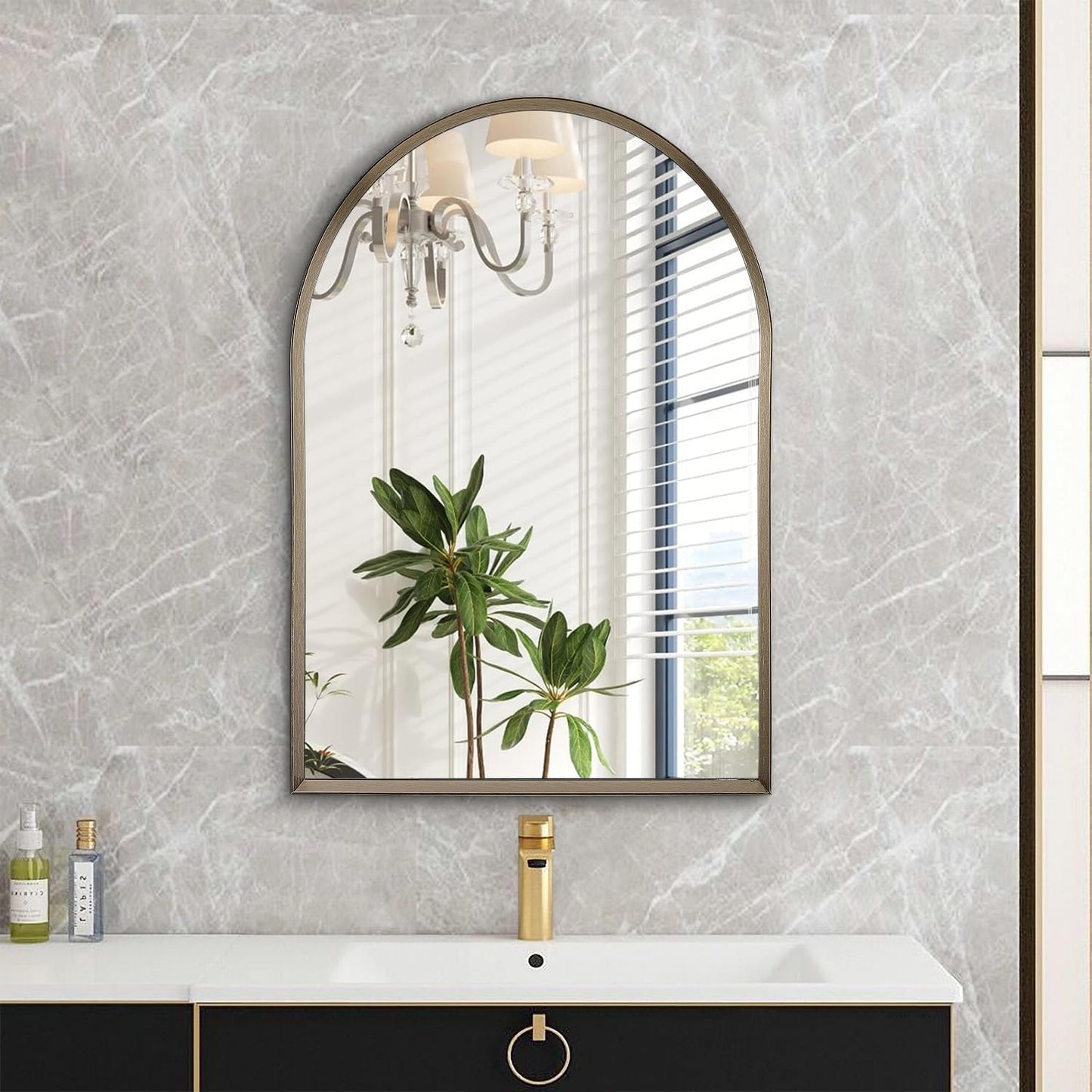 Black Arched Mirror, Modern Bathroom Wall Mirror Aluminum Alloy Framed Mirror Brushed Metal Vanity Wall Mounted Mirror for Livingroom Bedroom Entryway Room 16"x12"
