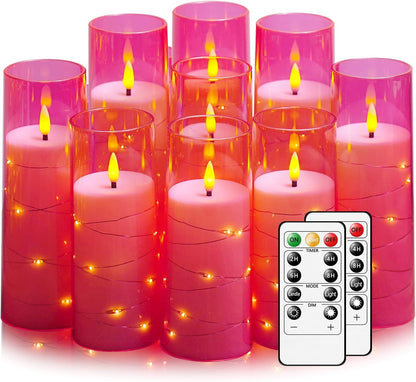 Nimiko Flickering Flameless LED Candles, 9 Pcs with Embedded Star String, Acrylic LED Pillar Candles with Remote, Suitable for Home Decoration (White)