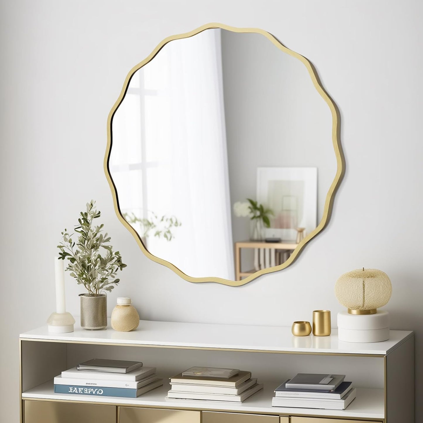 WallBeyond Round Wavy Mirror for Wall Decorative 24 inch, Modern Round Mirror Aluminum Frame for Bathroom Bedroom Living Room Home House Office Entryway, Gold
