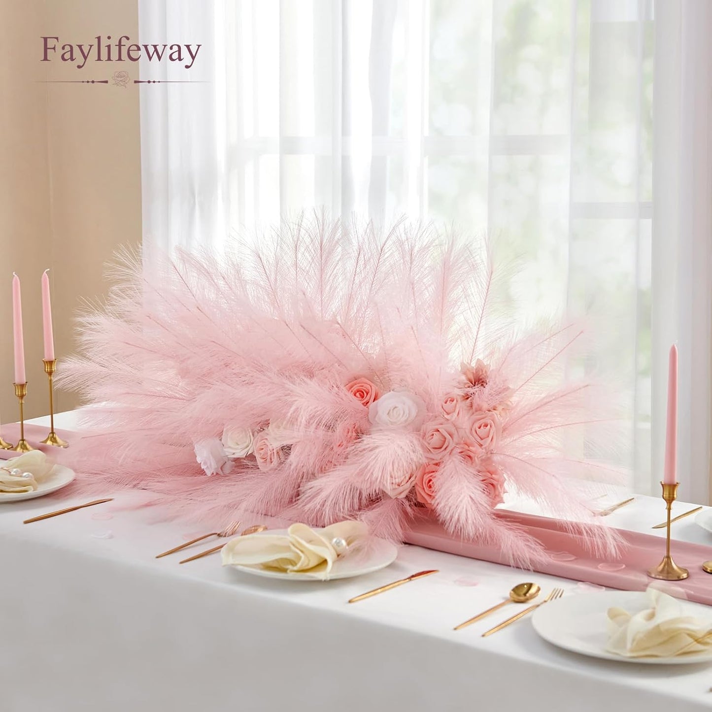 50pcs Pampas Grass 17in for Living Room Decor, Blush Pink Pampas Grass Decor, Fluffy Pink Flowers for Home Birthday Bathroom Baby Shower Wall Bow Decor(Blush & Cream & Pink)